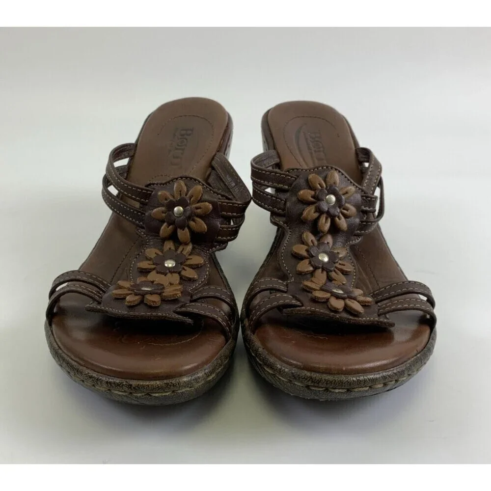 Born Brown Leather Floral Cut Out Slide Wedge Sandal Studded Heel Womens 7